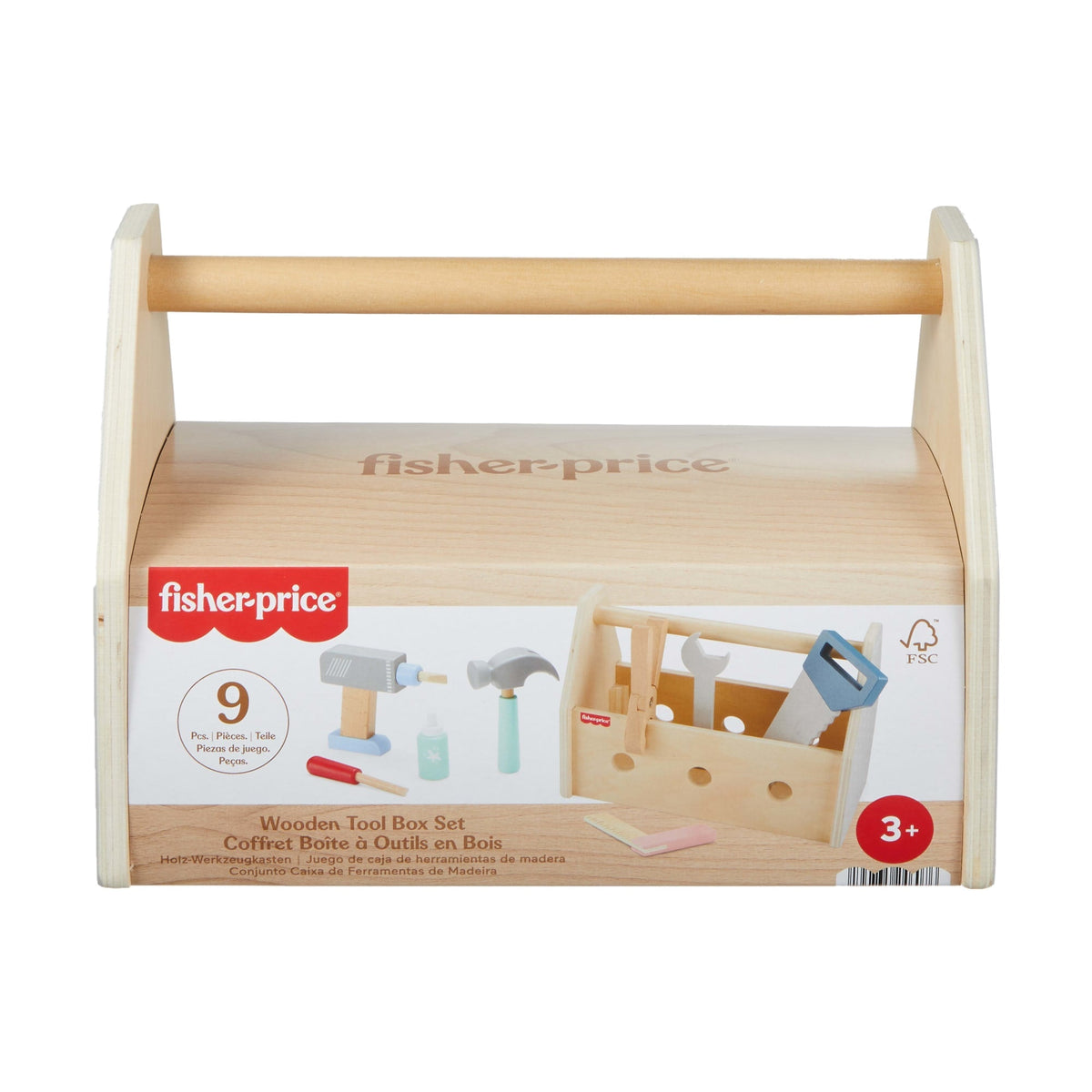 Fisher-Price Wooden Tool Box Set For Preschool Pretend Play, 9 Wood Pieces