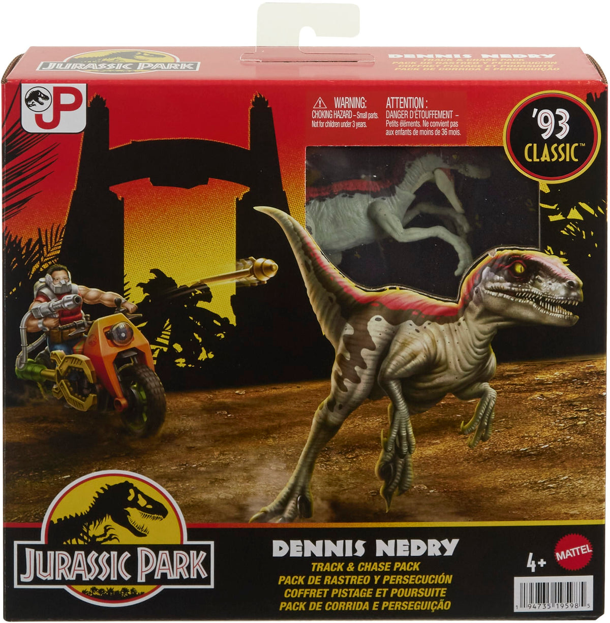 Jurassic Park ’93 Classic Dennis Nedry Action Figure, Motorcycle & Dinosaur Toy Set, 3.75-in Scale