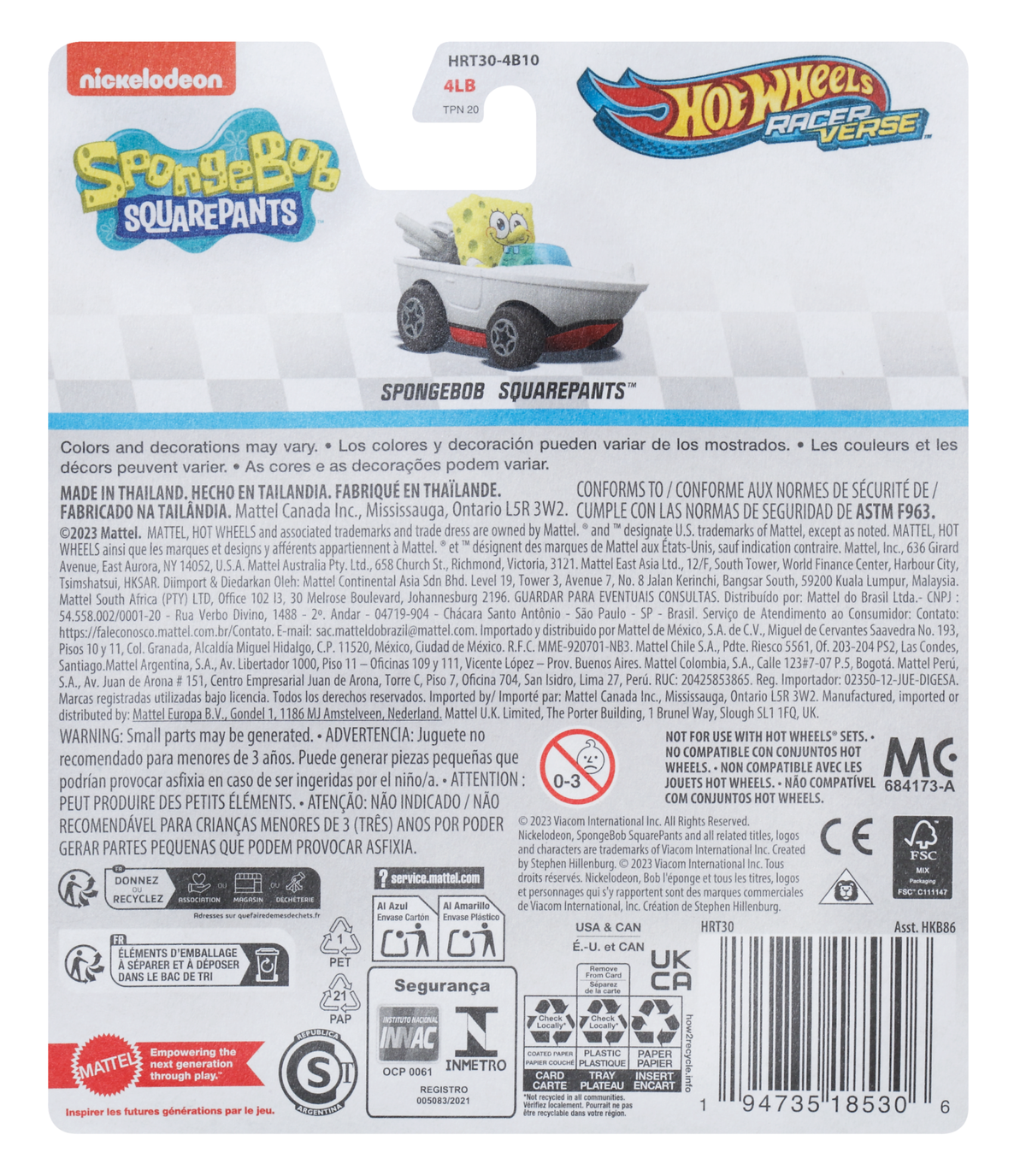 Hot Wheels RacerVerse Vehículo de Juguete Bob Esponja