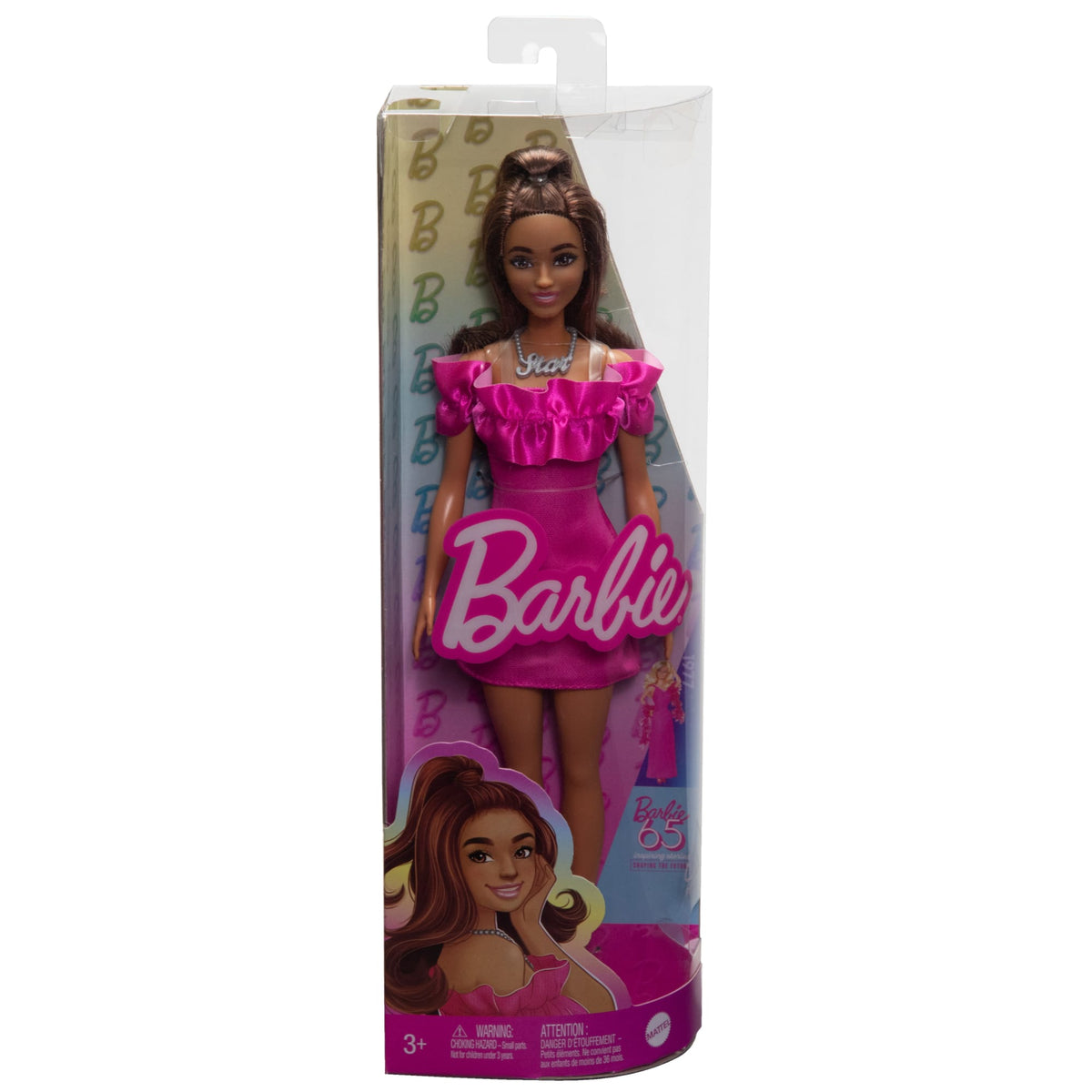 Barbie Fashionistas Doll #217 With Brown Wavy Hair & Pink Dress, 65Th Anniversary