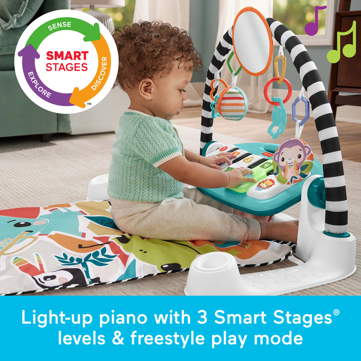 Fisher-Price Glow And Grow Kick & Play Piano Gym Baby Playmat With Musical Learning Toy, Blue