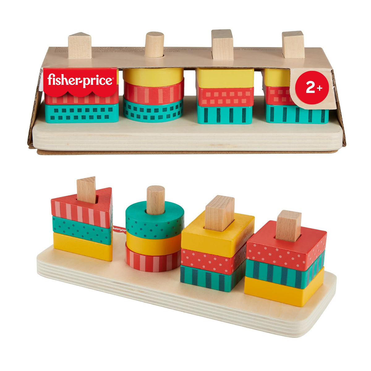Fisher-Price Wood Toddler Toy Shape Stacker, 13-Piece Wooden Sorting Activity For Fine Motor Play Preschool Kids Ages 2+ Years