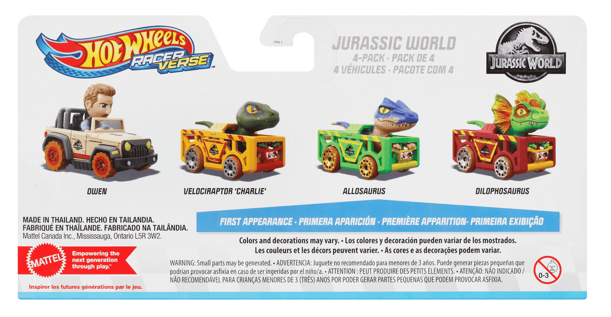 Hot Wheels RacerVerse Vehículo de Juguete Cuatro Autos de Carrera Jurassic World