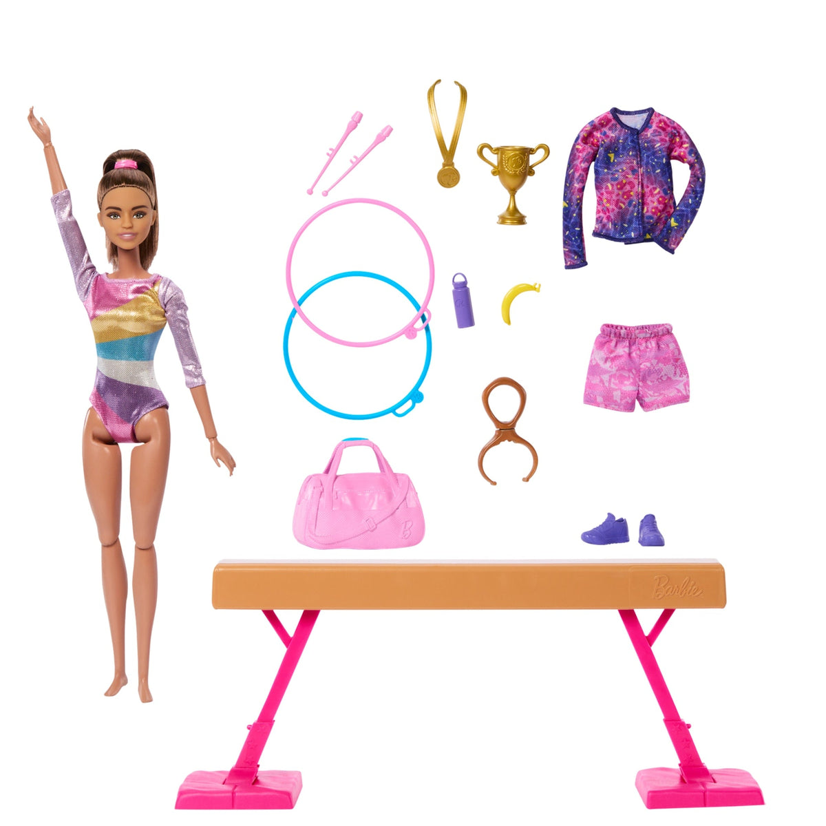 Barbie Coffret de Jeu Gymnaste, Poupée Mode, Brunette, 10Accessoires