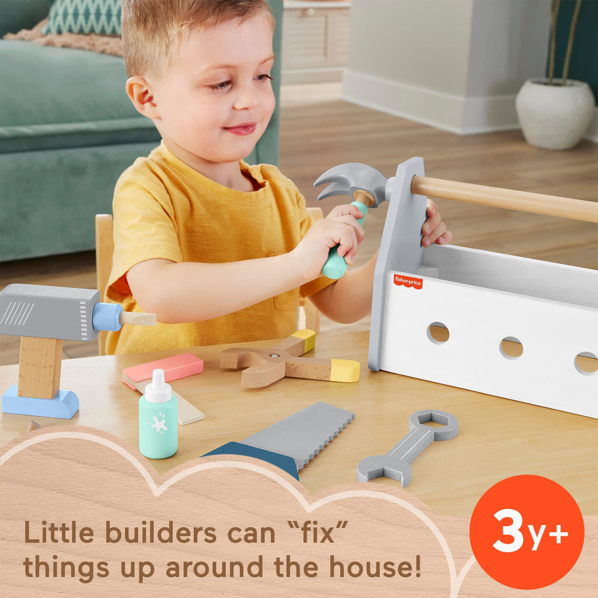 Fisher-Price Wooden Tool Box Set For Preschool Pretend Play, 9 Wood Pieces