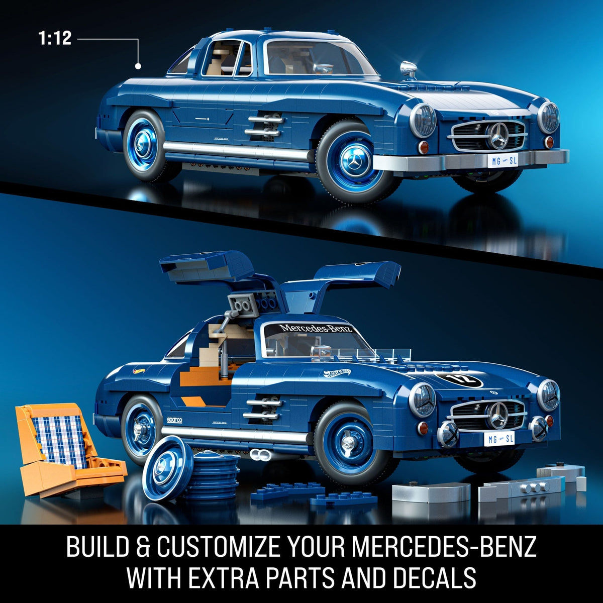 Mattel Brick Shop Hot Wheels Mercedes-Benz 300 SL Building Toy Kit (1600 Pieces), for Collectors