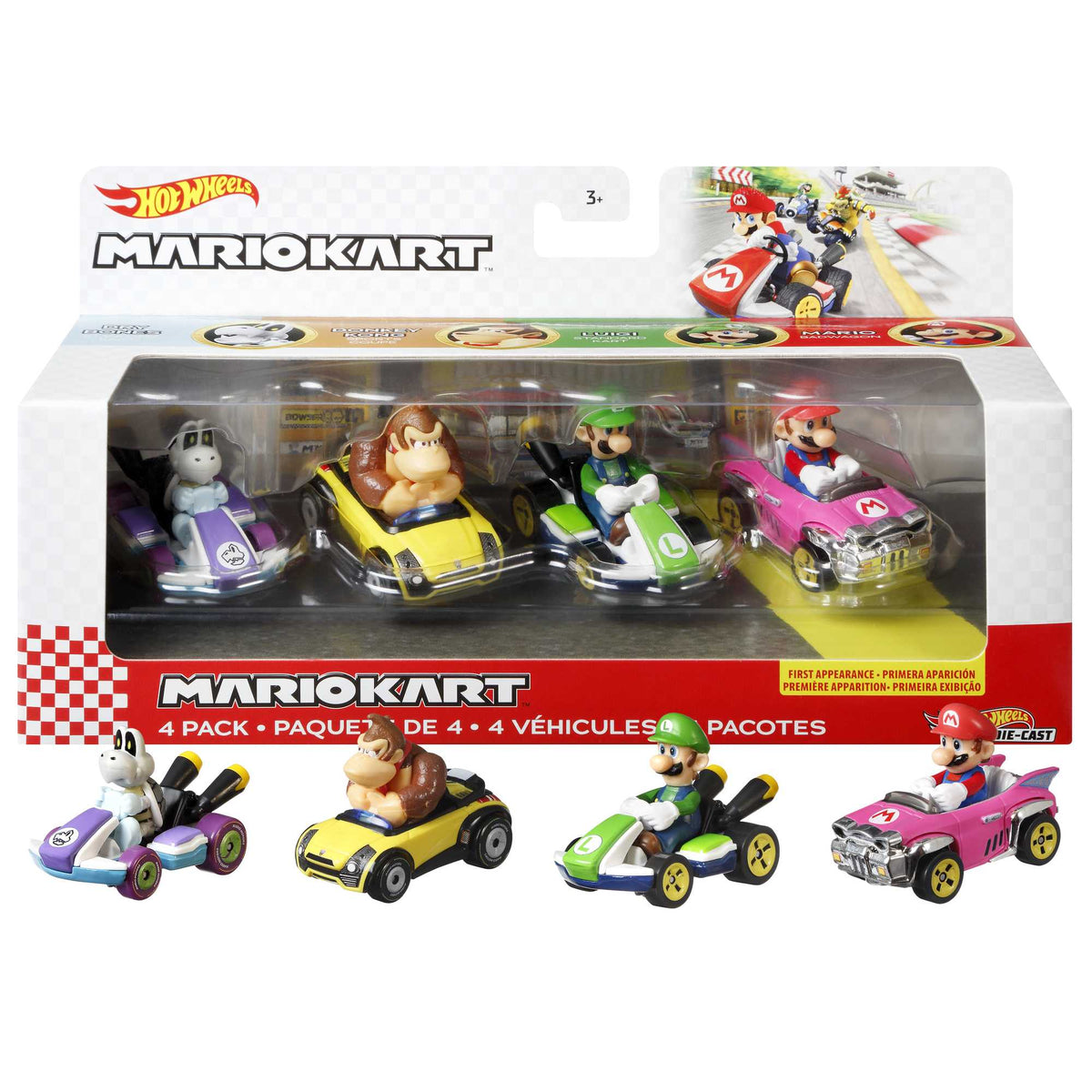 Hot Wheels Mario Kart Vehículo de Juguete Paquete de 4 con Mario, Donkey Kong, Luigi y Dry Bones
