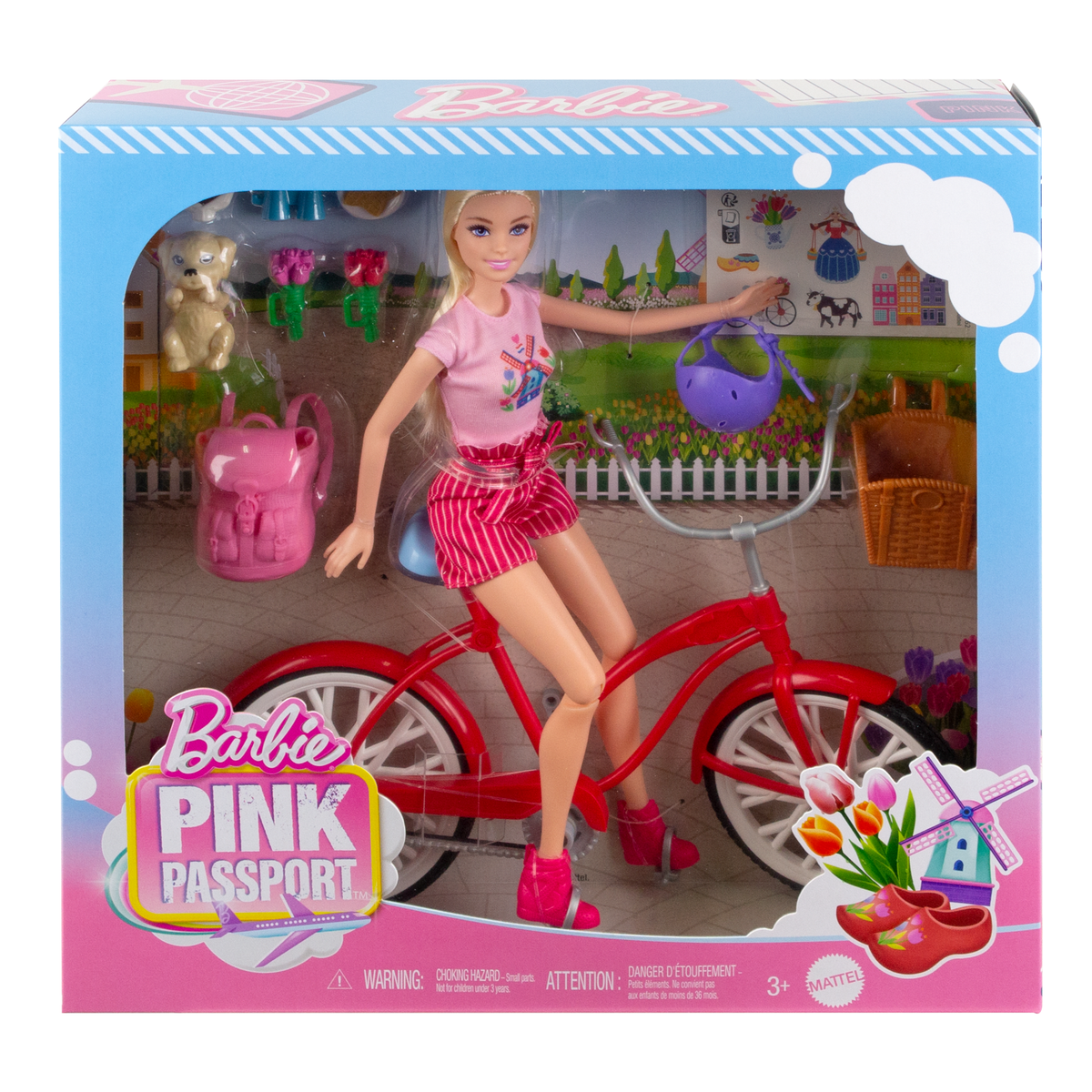 Barbie Pink Passport Holland Doll Set With Bicycle, Clothes, & Travel Accessories