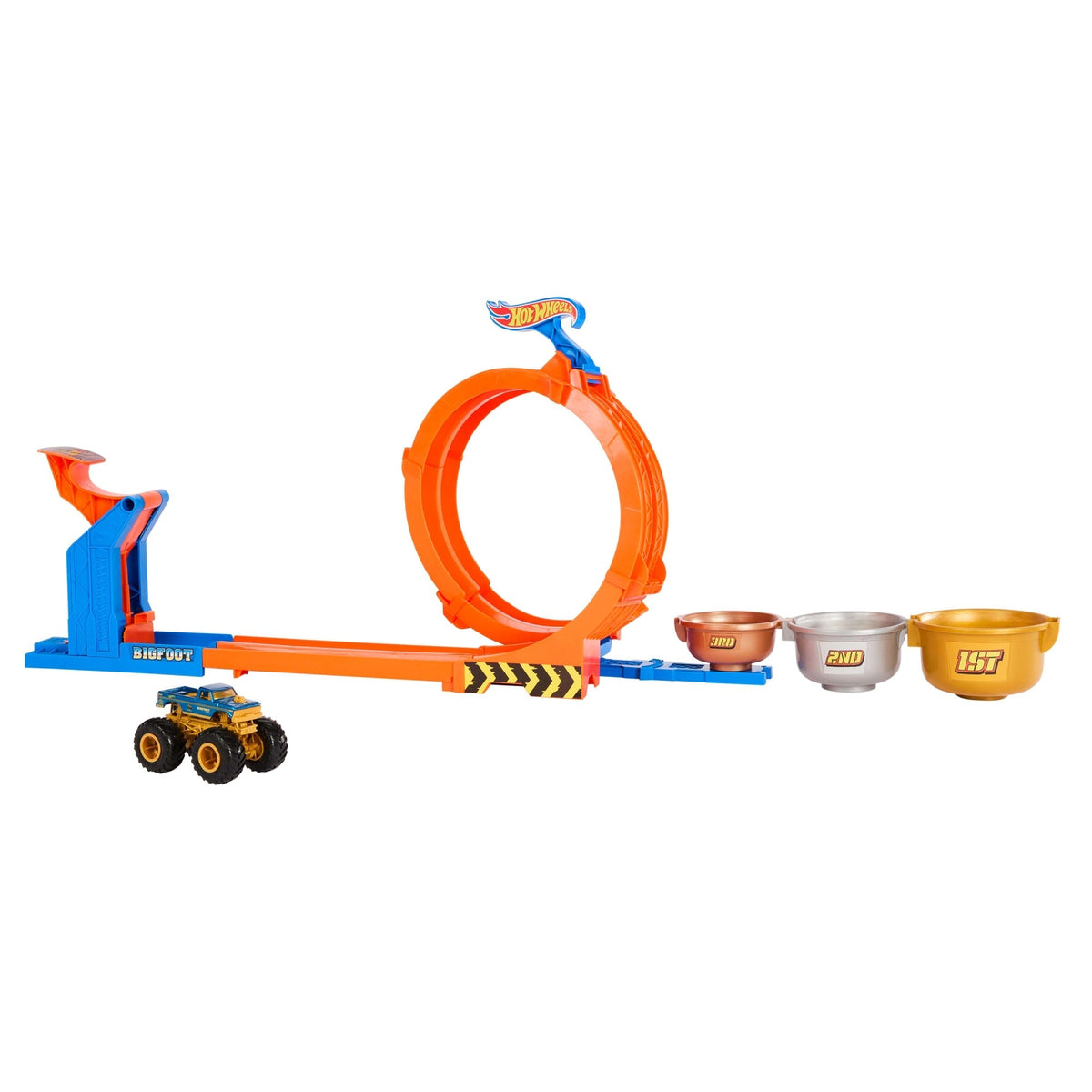 Hot Wheels Monster Trucks Pista de Juguete Competencia de Big Foot Giros Extremos