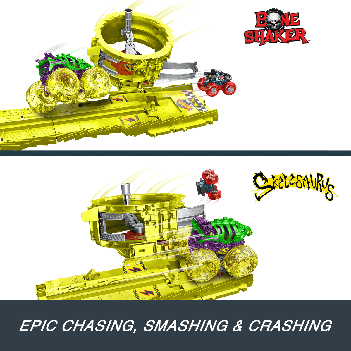 Hot Wheels Monster Trucks Power Smashers Charge & Chase Challenge Track Set With Oversized Skelesaurus, 1:64 Scale Bone Shaker & 2 Crushed Cars