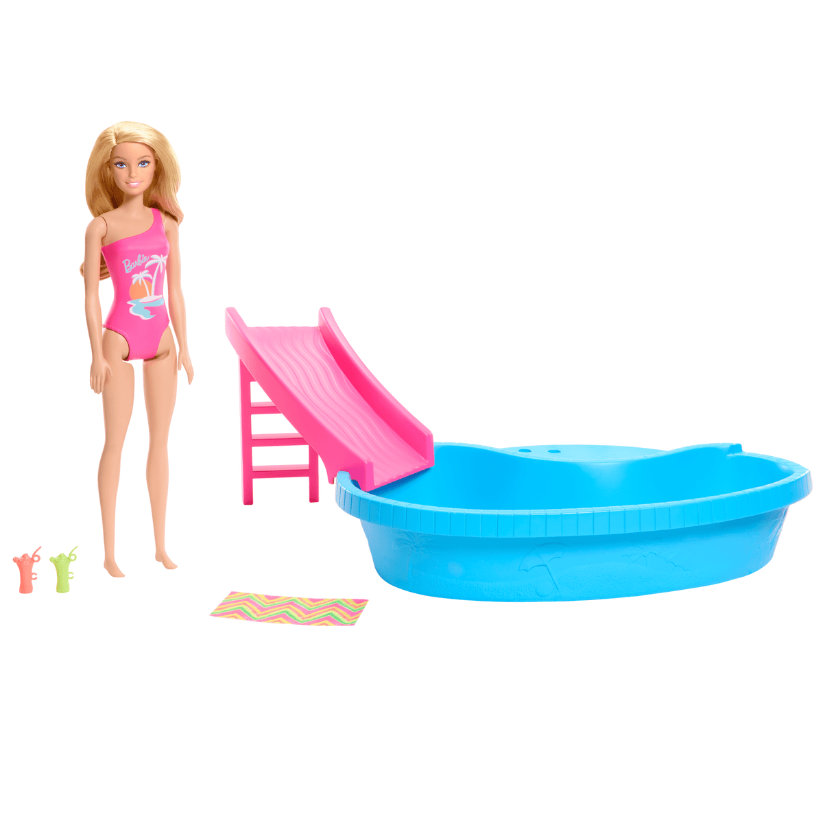 Barbie Coffret de Jeu et Poupée, Blonde, Piscine, Serviette, Boissons