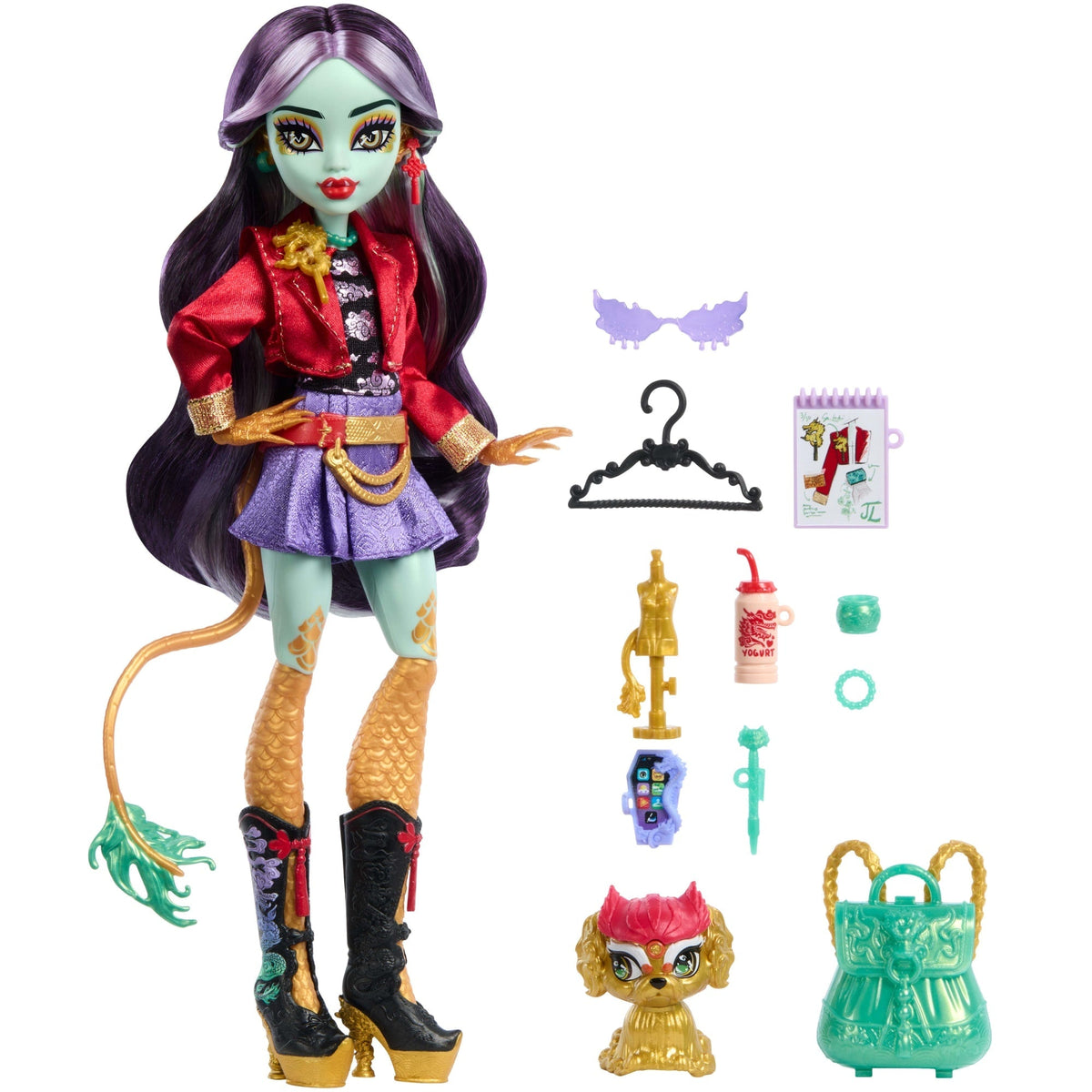 Monster High Jinafire Long Fashion Doll With Pet Dog Cloudy “Yun Yun” And 7 Accessories