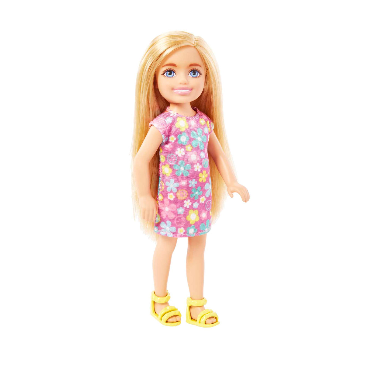 Barbie Chelsea Doll, Small Doll Wearing Purple Flowered Dress With Blond Hair & Blue Eyes