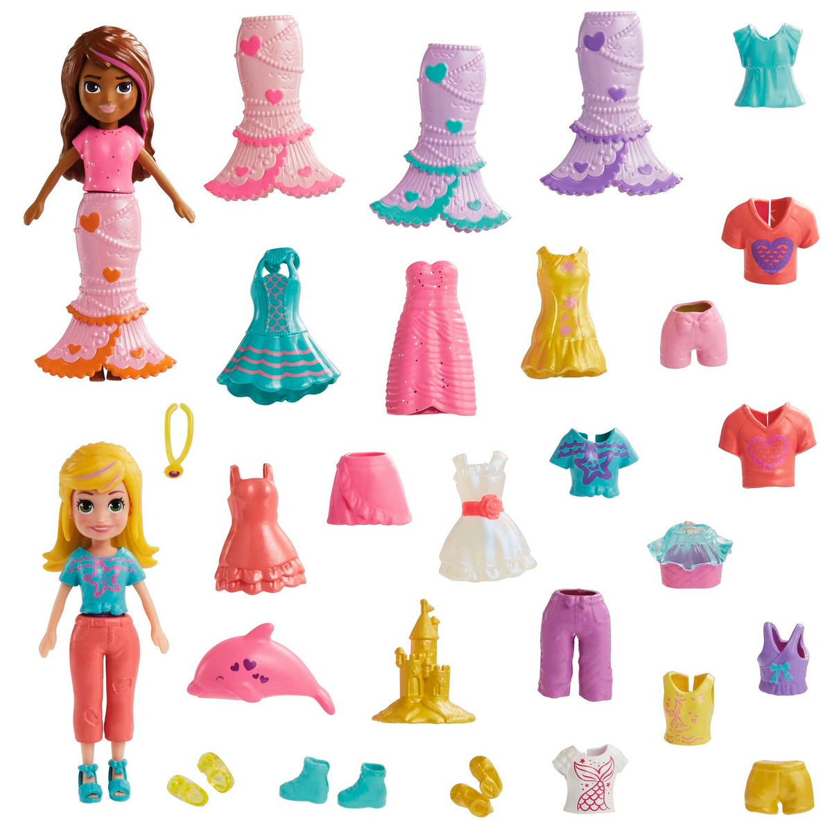 Polly Pocket 2 Dolls And 25 Accessories, Color-Change Seashine Mermaid Fashion Pack