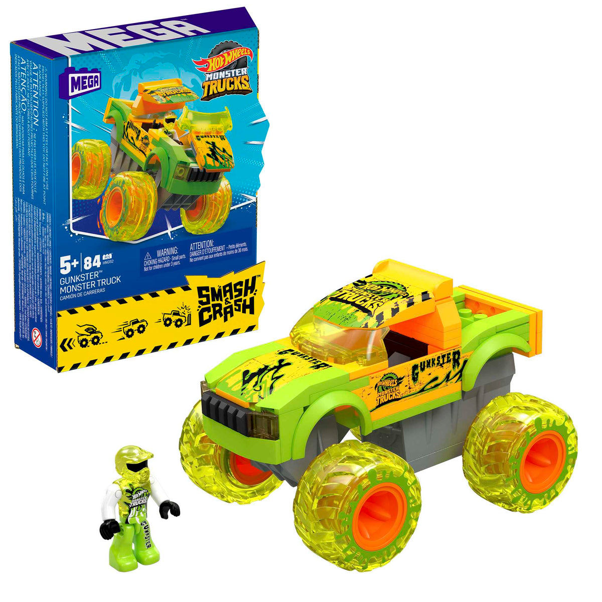 MEGA Hot Wheels Smash & Crash Gunkster Monster Truck Building Toy With 1 Figure (84 Pieces)
