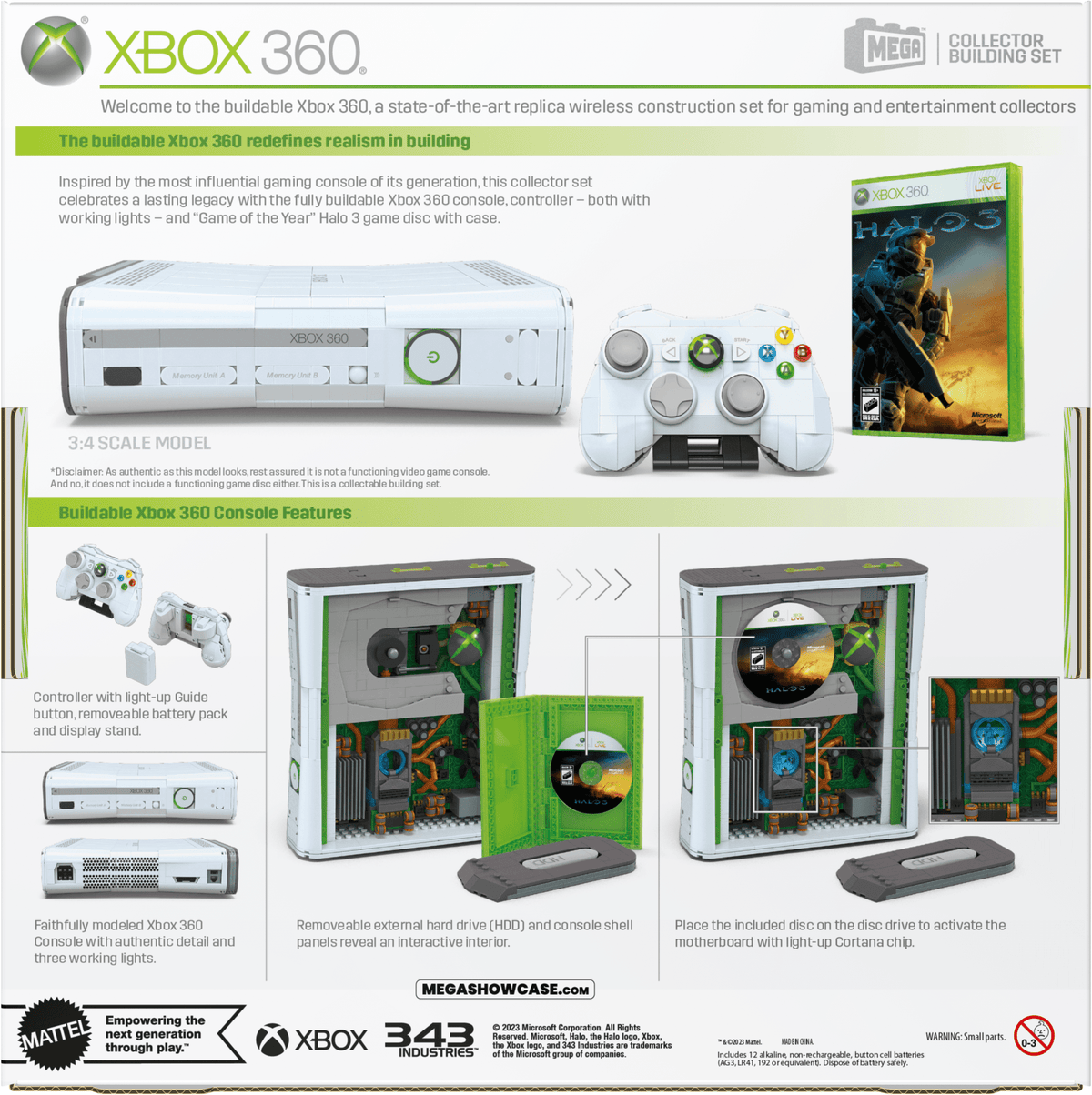MEGA Microsoft Xbox 360 Replica Building Toy Kit With Lights (1342 Pieces) For Collectors