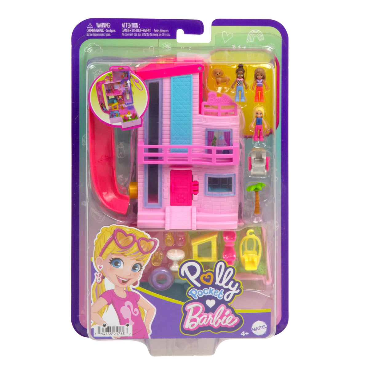 Polly Pocket Barbie Dreamhouse Compact, Dollhouse Playset With 3 Micro Dolls, 1 Pet & 11 Accessories