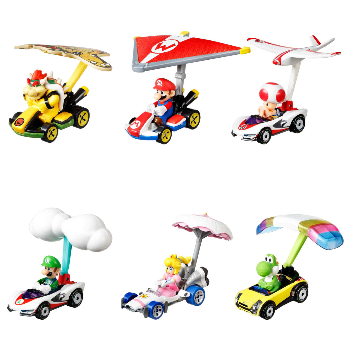 Hot Wheels Mario Kart Vehículo de Juguete Yoshi Sports Coupe con Paracaídas
