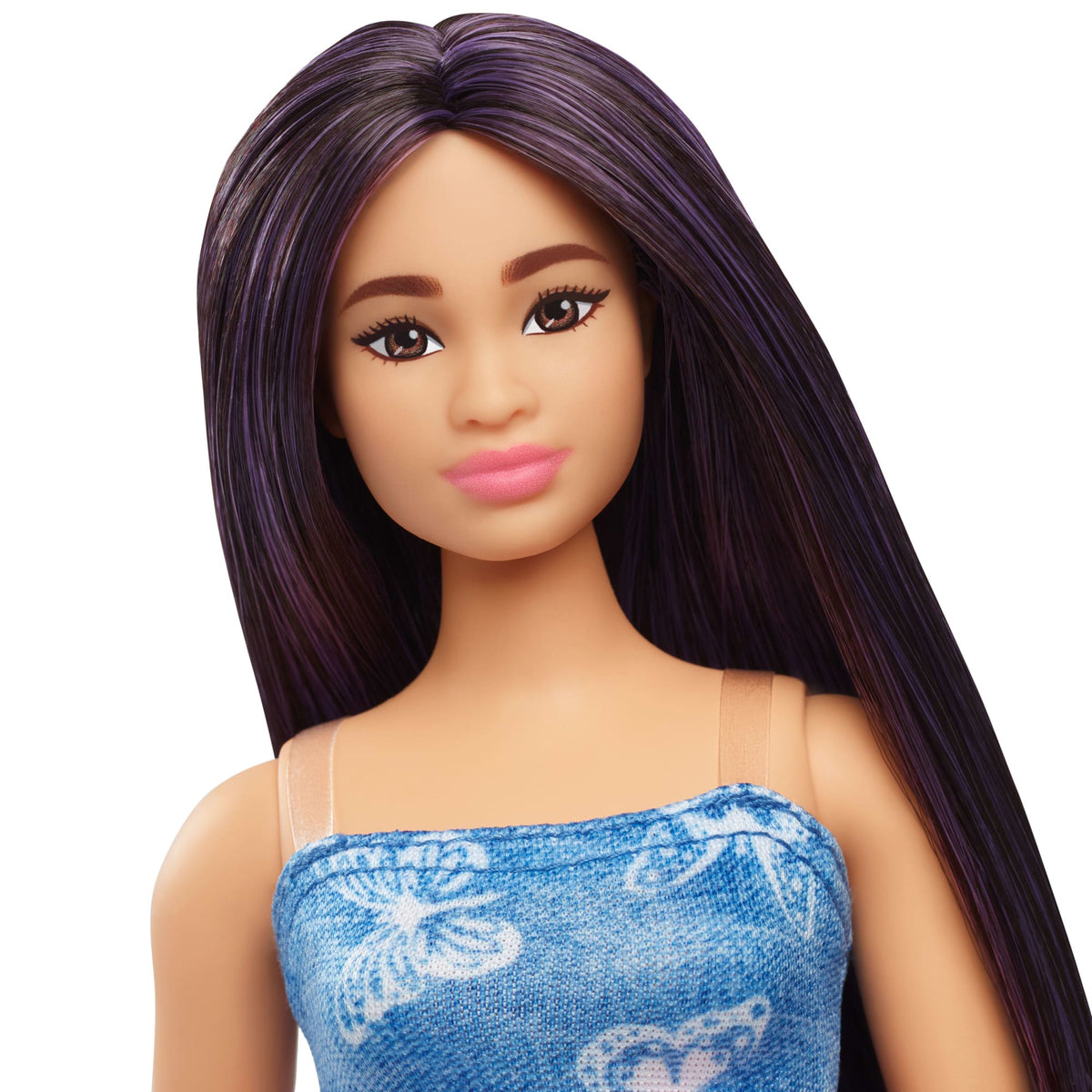 Barbie Fashionistas Doll #231 in Denim Butterfly Dress With Pink Belt, Purple Hair