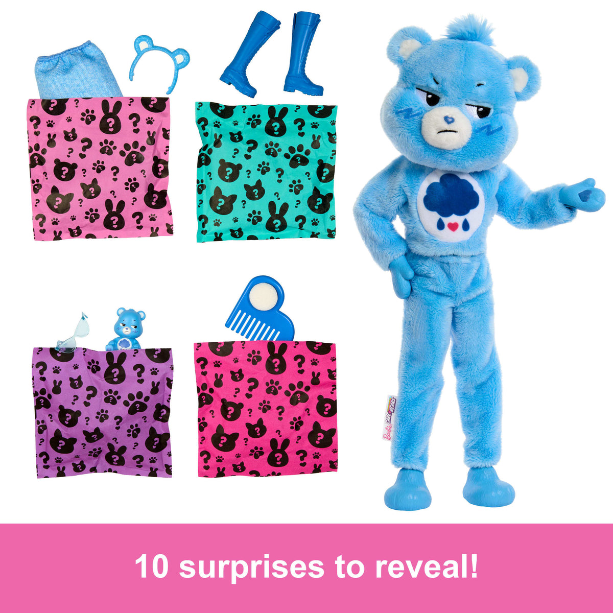 Barbie Cutie Reveal Care Bears Series Doll & Accessories in Grumpy Bear Plush Costume, 10 Surprises