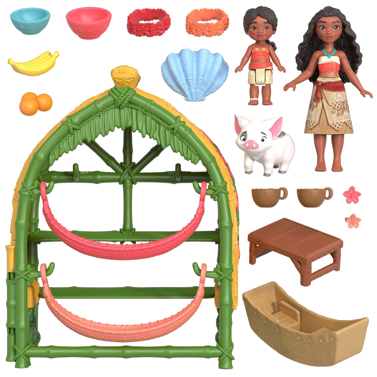 Disney Moana 2 Toys, Moana & Simea Village Home Playset, 2 Small Dolls, Friend Figure & 15 Accessories