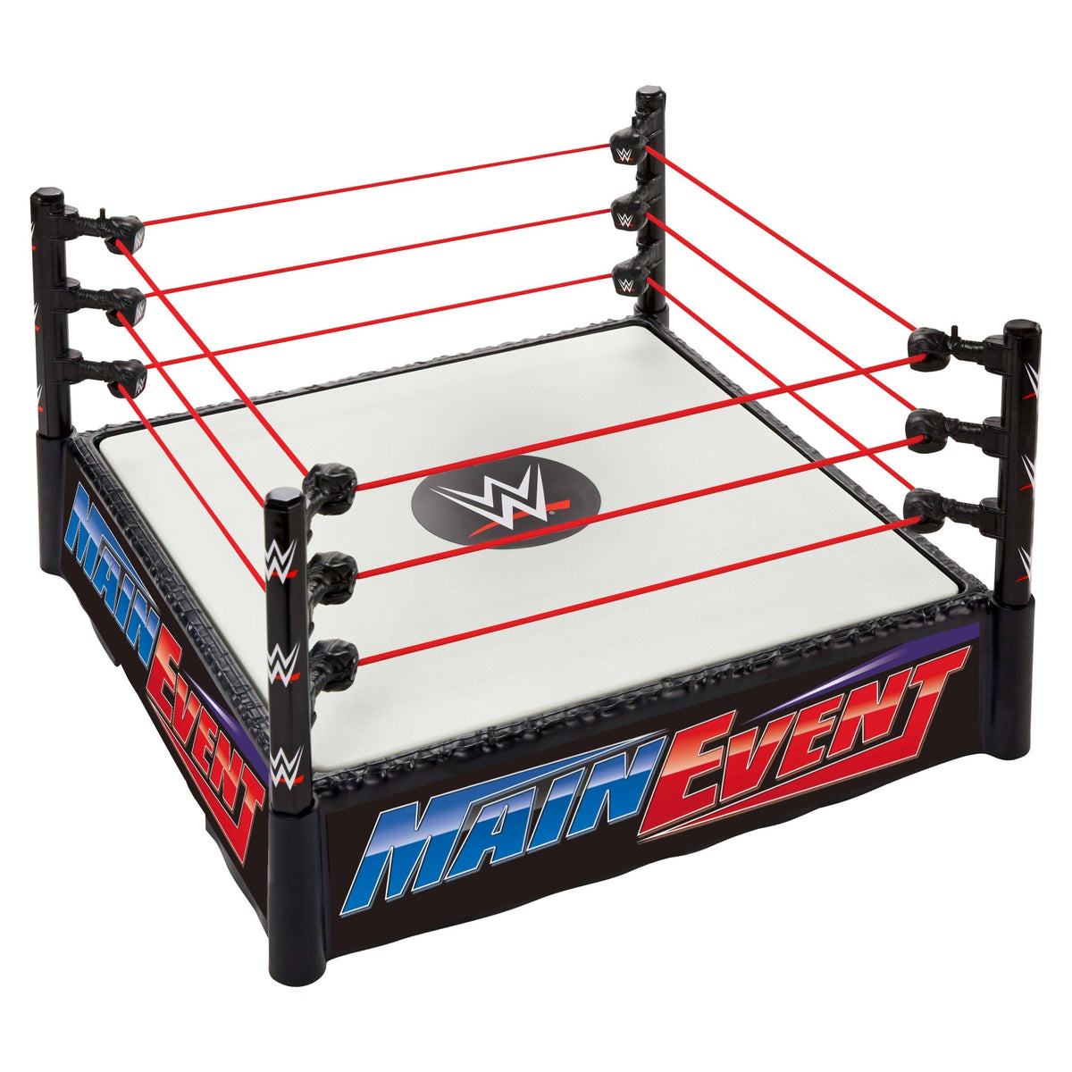 WWE Superstar Ring With Labels For Main EVent & Raw, Spring-Loaded With Elastic Ring Ropes